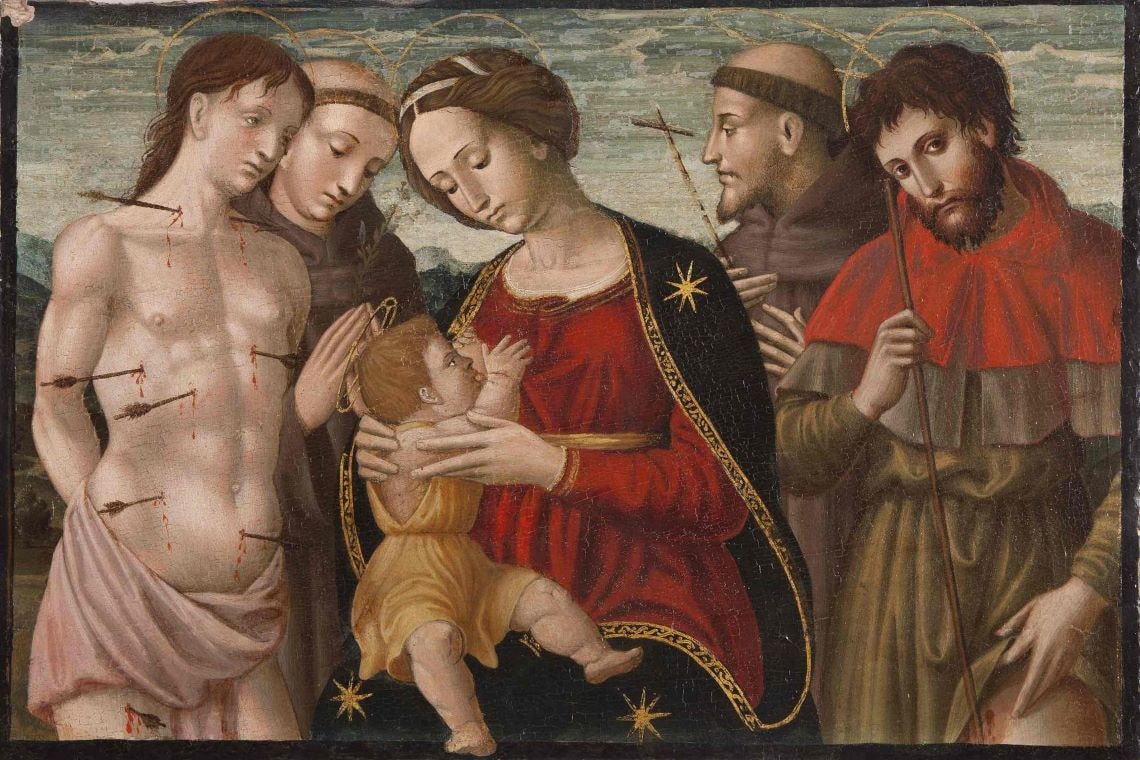 dipinto di cola dell'amatrice raffigurante madonna col bambino tra san sebastiano, sant'antonio, san francesco e san rocco 