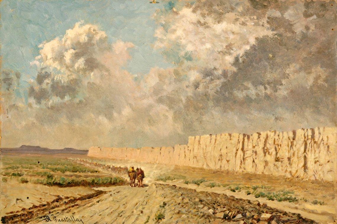 dipinto di paesaggio roccioso con cammellieri