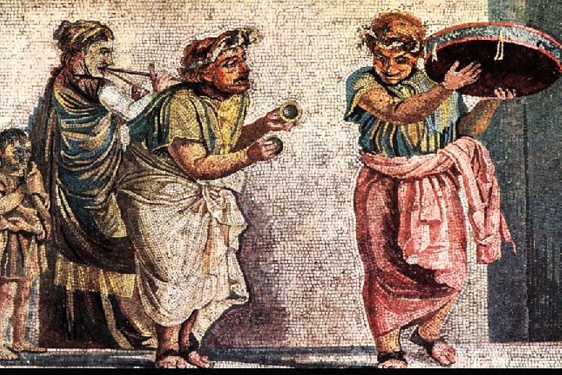 scena comica con suonatori ambulanti risalente a pompei